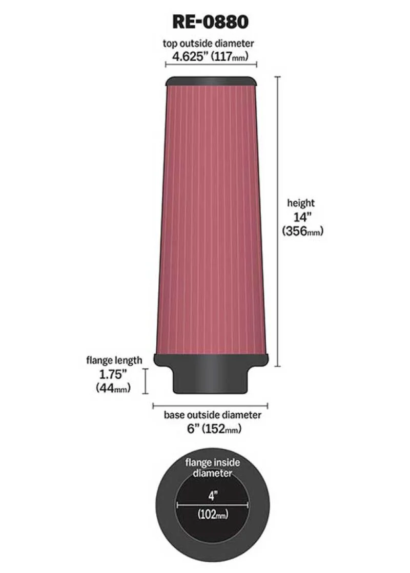 K&N Universal Rubber Filter 4inch FLG / 6inch OD-B / 4-5/8inch OD-T / 14inch H - Image 3