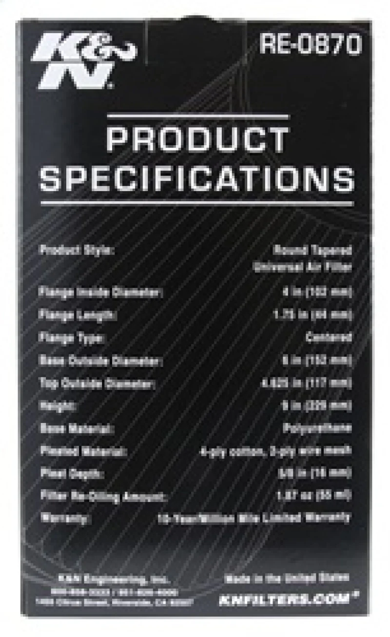 K&N Universal Rubber Filter 4inch FLG / 6inch OD-B / 4-5/8inch OD-T / 9inch H - Image 15