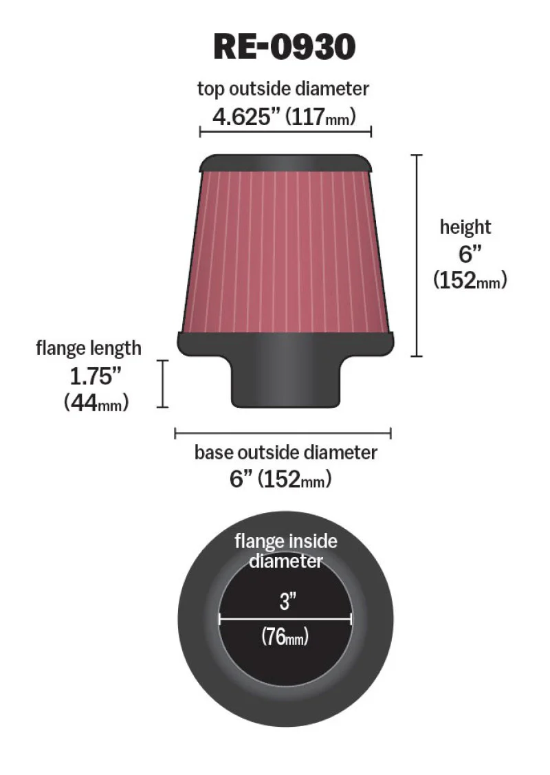 K&N Universal Rubber Filter - Round Tapered 6in Base OD x 3in Flange ID x 6in H - Image 6