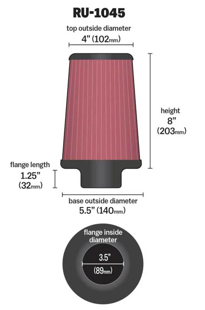 K&N Universal Tapered Filter 3.5in Flange ID x 5.5in Base OD x 4in Top OD x 8in Height - Image 10