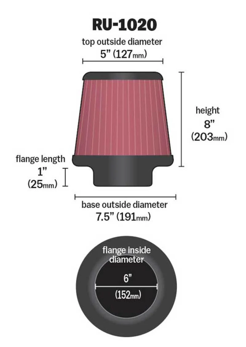 K&N Universal Tapered Filter 6in Flange ID x 7.5in Base OD x 5in Top OD x 8in Height - Image 5