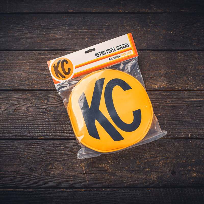 KC HiLiTES Retro 8in Round Yellow Vinyl Light Cover w/ Black KC Logo (Pair) - Image 2