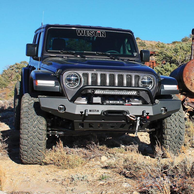 Westin 18-19 Jeep Wrangler JL WJ2 Full Width Front Bumper w/Bull Bar Textured Black - Image 9