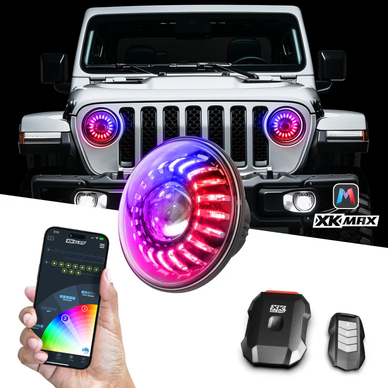 XK Glow 2019+ Jeep Wrangler JL/JT 7in Headlight XKmax RGBW Kit w/ Mnt Brkt App Cntrl 2pc - Image 2